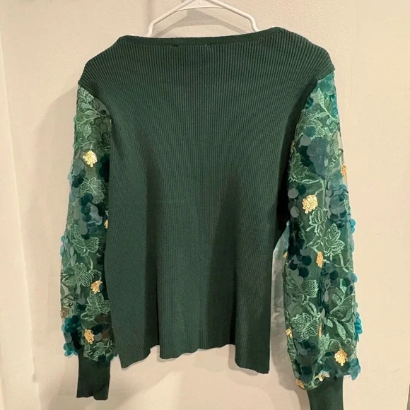 Sioni Green Embellished Sleeve Sweater - Picture 11 of 13